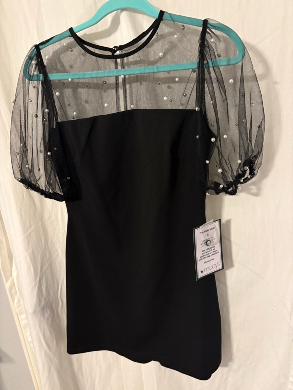 B Darlin Black Mini Dress with Pearl-Embellished Mesh Sleeves